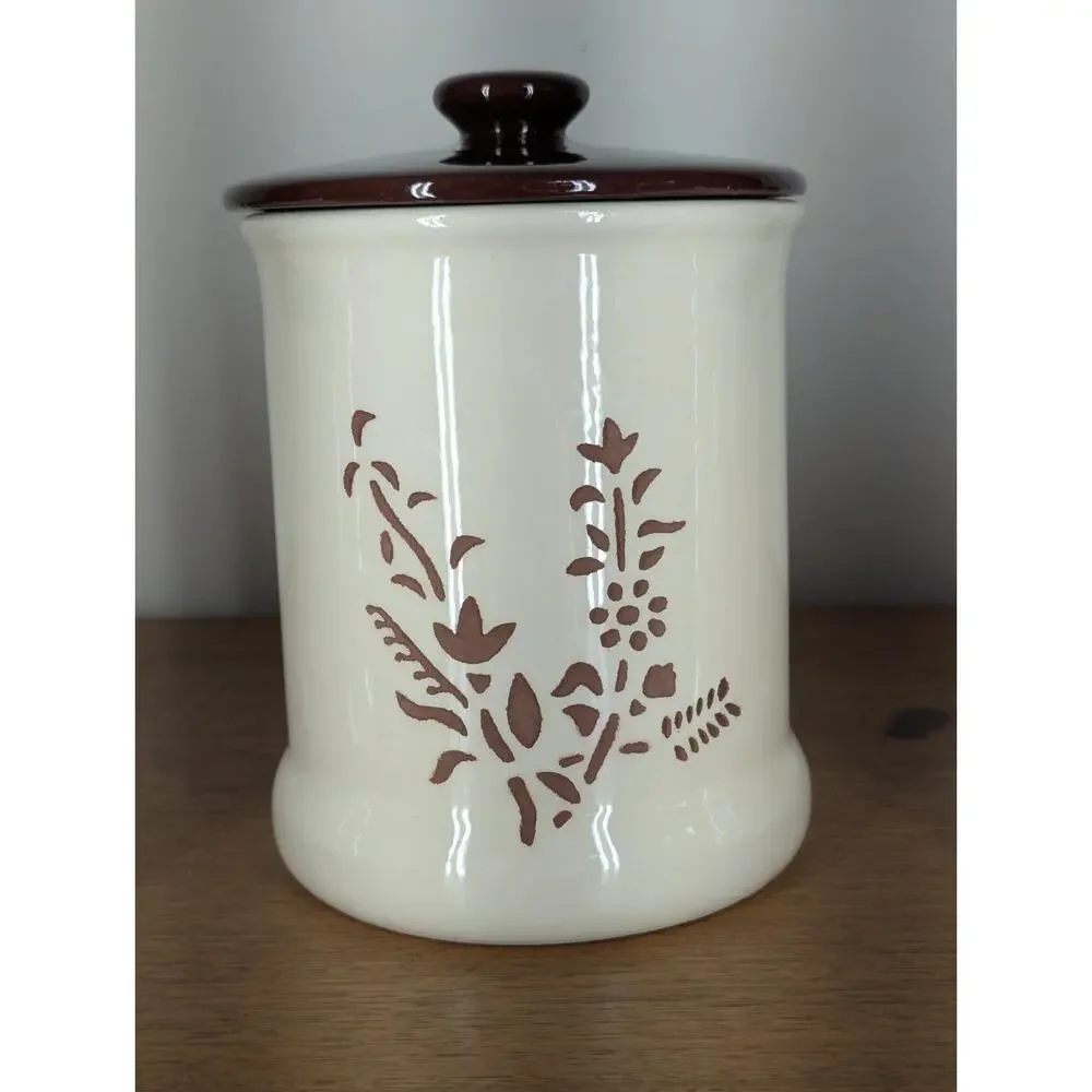 Vintage Holiday Designs USA Canister Set Of 3 Ceramic Brown White Floral Cut Out